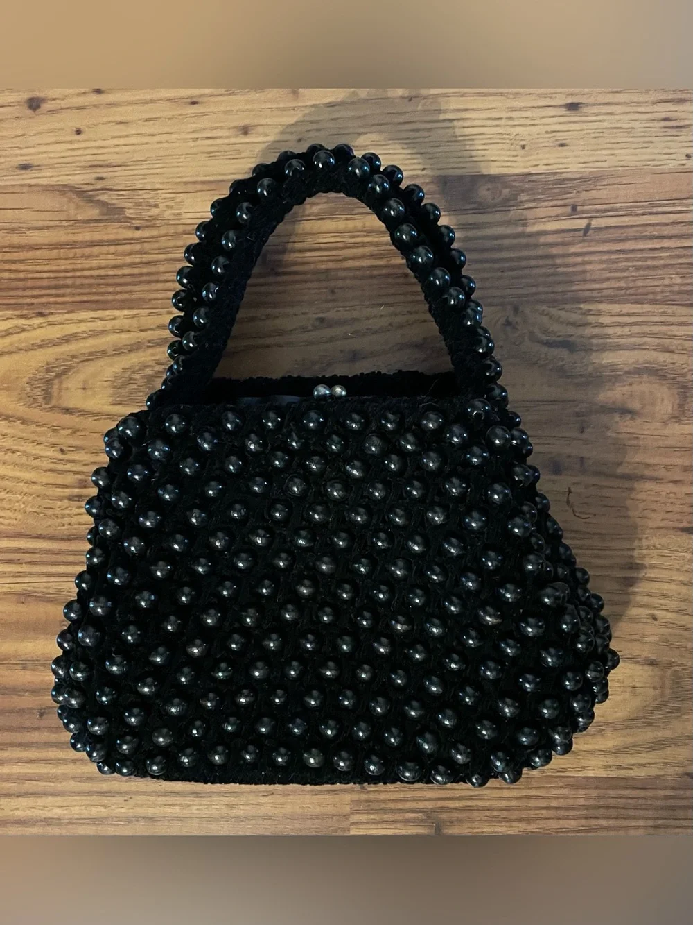 Vintage Black Beaded Top-Handle Metal Kiss Clasp Pochette Style Hand Bag
